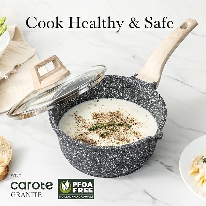 CAROTE 1.5Qt & 3.0Qt Sauce Pan Sets with Lid Cooking Pots Nonstick Saucepans Cookware Set with Pour Spout Small Kitchen Pot, Induction Comptable, Easy to Clean, PFOA FREE (Classic Granite) - Image 6
