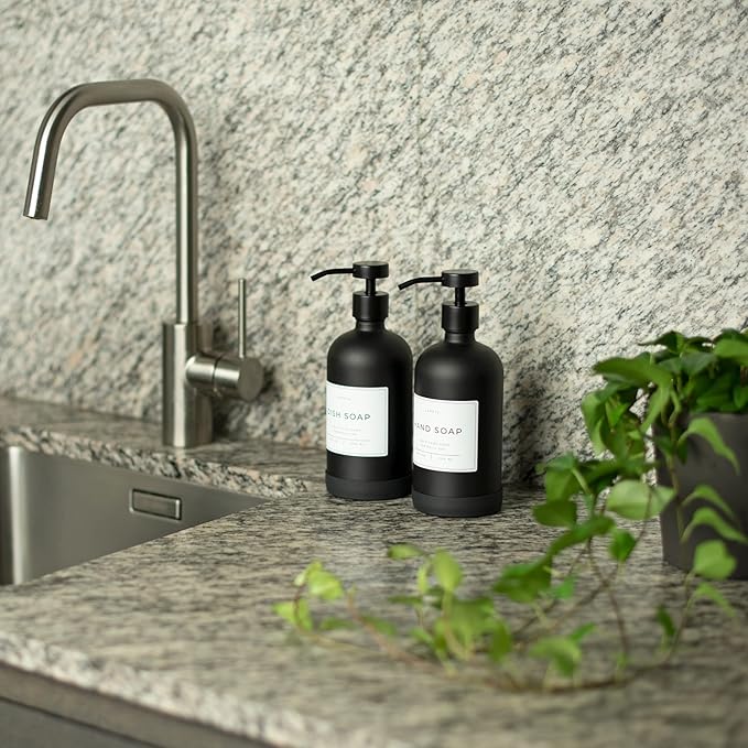 Hand and Dish Soap Dispenser for Kitchen and Bathroom, Set of 2 16 Oz Glass Bottles, Stainless Steel Pumps, Non-Slip Silicone Base, 27 Waterproof Labels (Matte Black Bottle/Black Pump) - Image 9