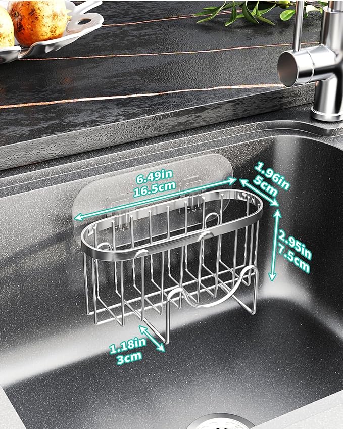 HapiRm Multifunctional Adhesive Kitchen Sink Organizer with M-Shaped, 2 Installation Methods Kitchen Sponge Holder, Rustproof Sponge Caddy for Brush, Sink Stopper and Scraper -Silver - Image 7
