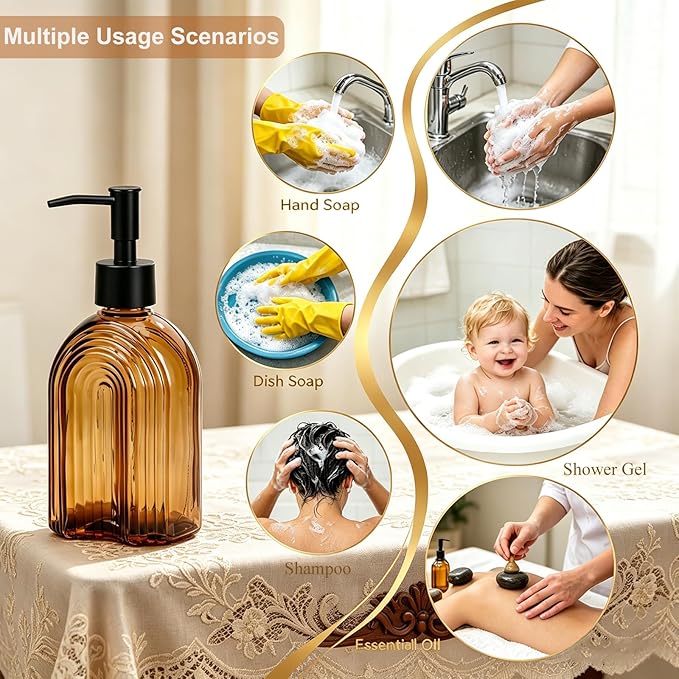 Black Pump Glass Soap Dispenser, 12oz Brown Stripe Countertop Refillable Liquid Bottle Hand Dish Lotion Dispenser with Plastic Pump, for Kitchen, Bathroom Countertop