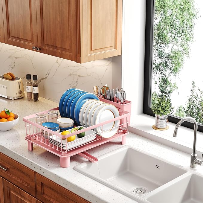 SNTD Dish Drying Rack - Small Dish Rack for Kitchen Counter, Stainless Steel Dish Drainer with Utensil Holder and Drainboard, 11" W x 15" L (Pink) - Image 9