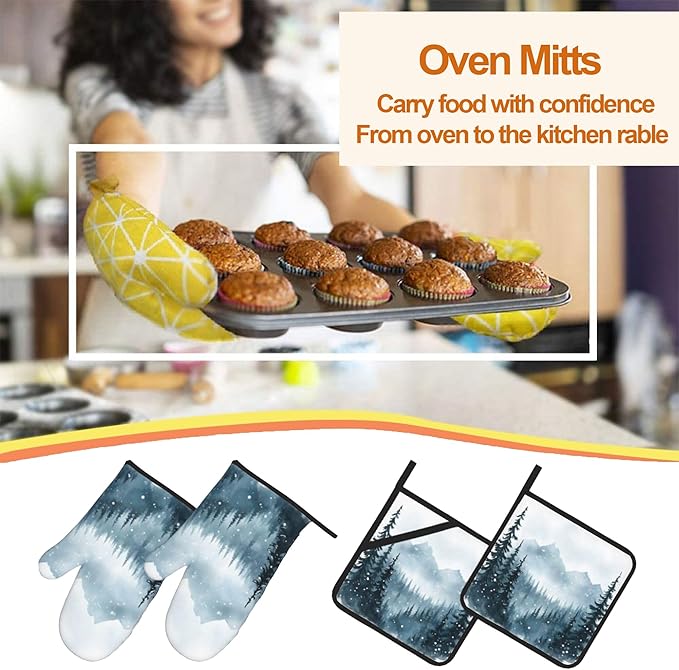 Winter Forest Oven Mitts and Heat Resistant Pads - Heat Resistant Gloves Potholder Set of 4 for Cooking, BBQ, Gifts for Women