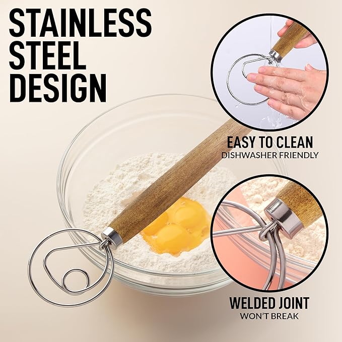 Zulay Kitchen 13-Inch Danish Dough Whisk - Stainless Steel Wooden Whisk with Dough Hook - Sourdough Whisk for Bread, Pizza, Pastry, Cake Batter & More - 2 Pack Acacia - Image 7