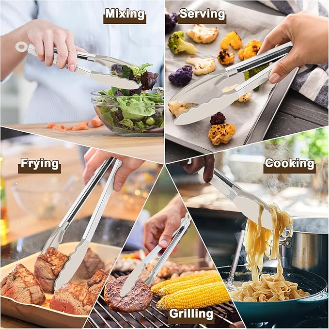 TeamFar Kitchen Tongs, 9" and 12" Stainless Steel Cooking Tongs with Silicone Tips for Cooking Grilling Serving & BBQ, Heat Resistant Silicone Tongs, Locking Design & Dishwasher Safe, Set of 2 & Khaki - Image 7