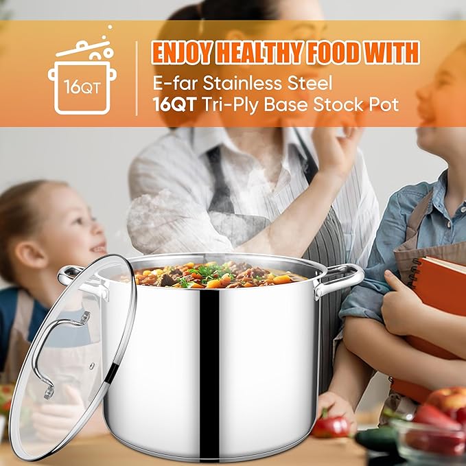 E-far 16 Quart Stainless Steel Stock Pot, Large Heavy Duty Induction Stockpot with Glass Lid for Cooking Soup Canning, Thick Tri-Ply Bottom & Riveted Handle, Compatible with All Stove, Dishwasher Safe - Image 7