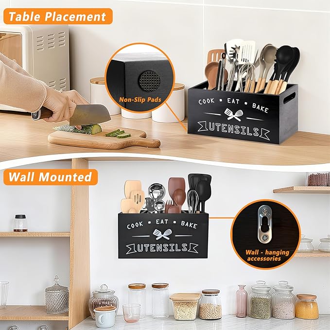 Large Black Utensil Organizer with Removable Dividers - Ideal Wooden Kitchen Countertop Organizer (black 4 Compartment)