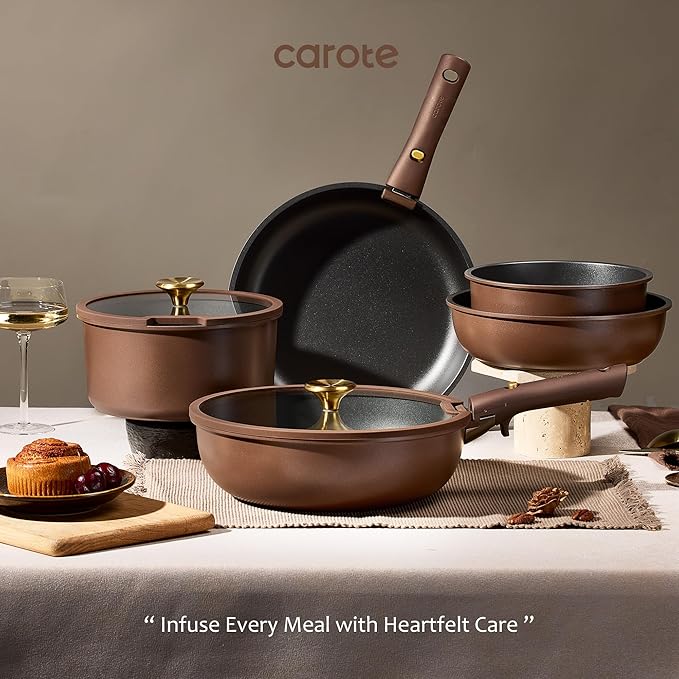 CAROTE 21pcs Pots and Pans Set, Nonstick Cookware Set Detachable Handle, Induction Kitchen Cookware Sets Non Stick with Removable Handle, RV Cookware Set, Oven Safe, Brown - Image 9