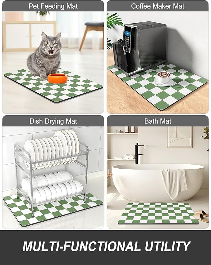 Rnivvi Dish Drying Mat for Kitchen Counter, XL 15 x 24" Cute Checkered Absorbent Draining Pad, Non-Slip Heat Resistant Coffee Bar Mat for Coffee Machine Station Accessories, Green White Dish Rack Pad - Image 7