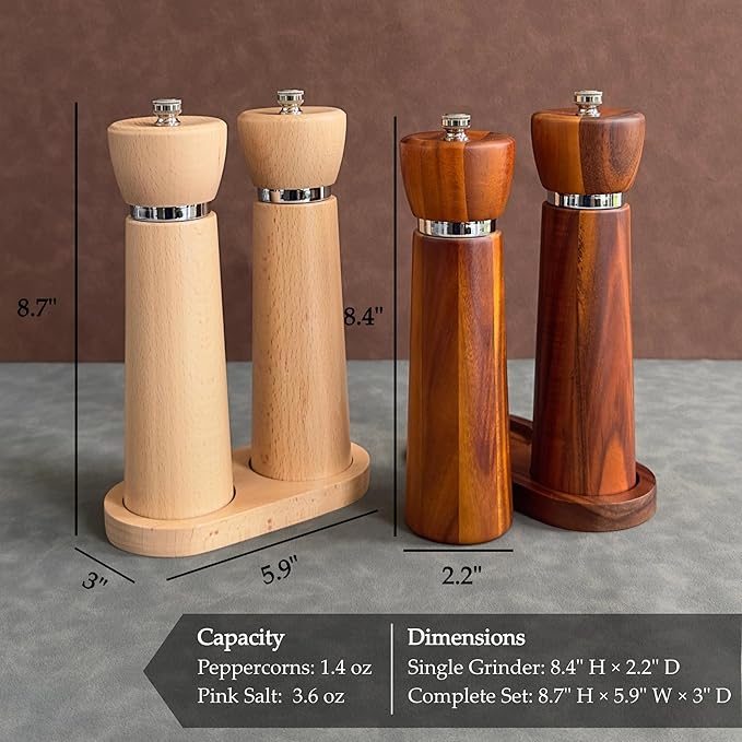TLYSXPRO Wooden Pepper Grinder – Refillable Pepper Mill with Adjustable Upgraded Large Size Ceramic Burr – Manual Salt Grinder with Beech Wood Body – 8.3” Tall (Chestnut)