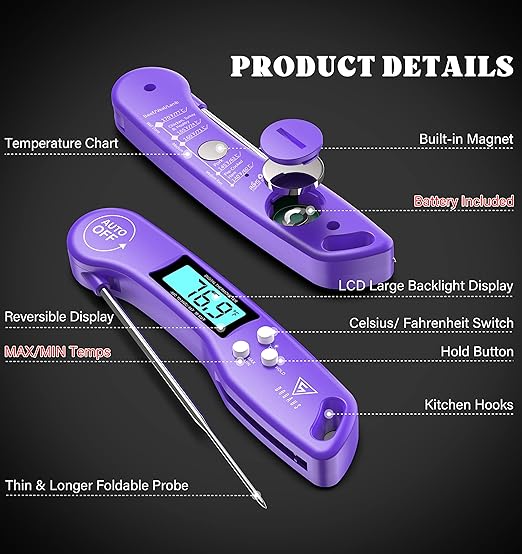 DOQAUS Digital Meat Thermometer, Instant Read Food Thermometer for Cooking with Backlit & Auto-Rotating Display, 4.6” Probe for Grilling, Baking, and Perfect BBQ - Purple - Image 8