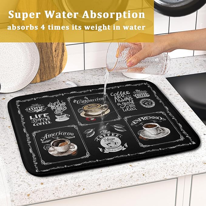 Giwawa Coffee Dish Drying Mat Vintage Anti Fatigue Espresso Cup Black Bean Maker Machine Drainer Mat Small Dish Pad Dish Drainer Rack Mat Protector Kitchen Accessories Bar Time 16x18 inch
