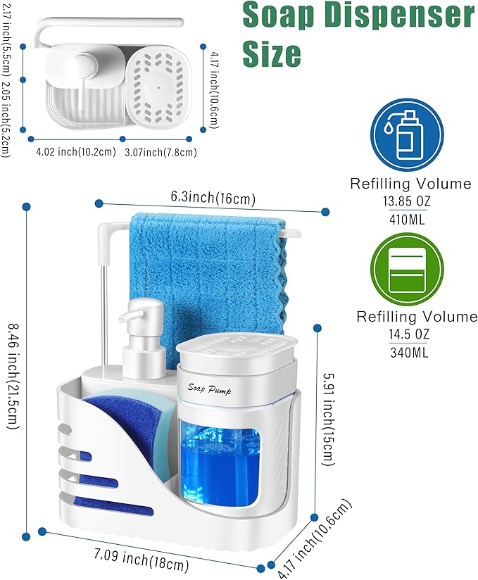 Kitchen Soap Dispenser Set, 4-in-1 Dual Hand and Dish Soap Dispenser with Sponge Holder and Dishcloth Holder for Kitchen Sink (White) - Image 6