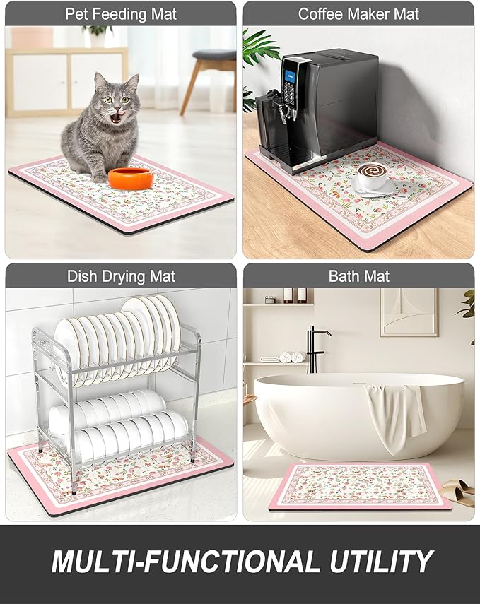 Rnivvi Dish Drying Mat for Kitchen Counter, 12 x 19" Cute Flower Theme Super Absorbent Draining Pad, Non-Slip Heat Resistant Coffee Bar Mats for Coffee Machine Station Accessories, Pink Dish Rack Pad - Image 7