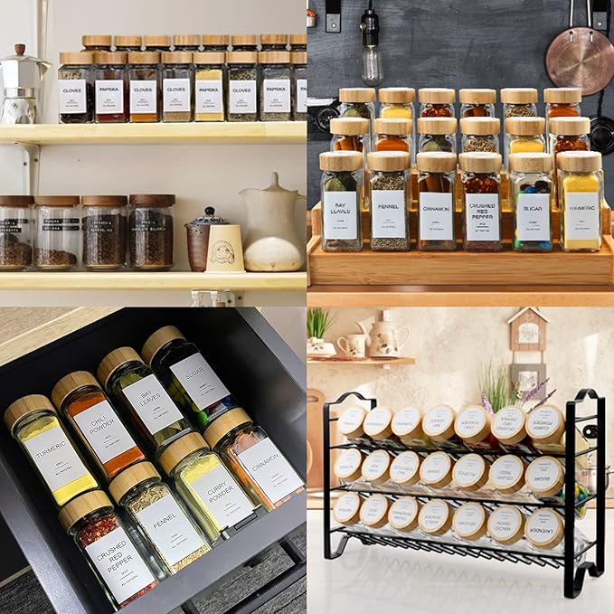 AISIPRIN Glass Spice Jars with 398 Labels, 24 pcs 4oz Spice Containers with Bamboo Lids, Square Spice Bottles With Shaker Lids,Spice Organization for Cabinet,Drawer,Rack,Seasoning Organizer - Image 6