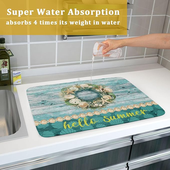 Hello Summer Dish Drying Mat for Kitchen Counter,Sea Shell Starfish Coastal Wreath Drying Mat 18 x 24 Inch with Absorbent Reversible Microfiber Drying Pad for Coffee Bar - Image 7