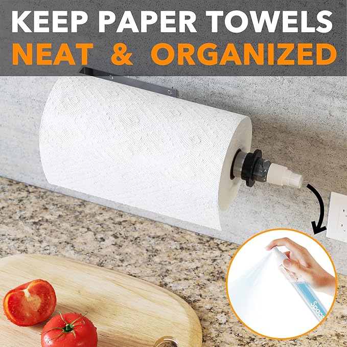 SpaceAid SprayNeat Paper Towel Holder with Spray Bottle, Under Cabinet Paper Towels Holders with Sprayer Inside Center, Hanging Wall Mount Papertowels Roller for Kitchen and Bathroom (Silver)