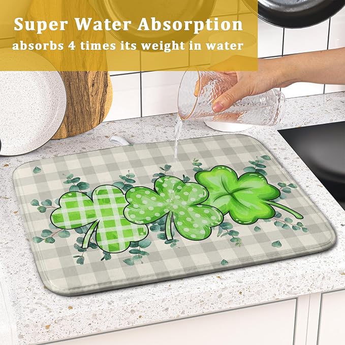 Giwawa Patrick Dish Drying Mat for Kitchen Green Clovers Grey Buffalo Plaids Dish Drainer Mats 16x18inch Spring Leaf Dish Drying Rack Pad Protector for Countertop Dining Holiday Decor