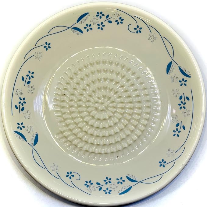 BonCera, All-in-one Premium Ceramic Garlic Grater Plate 4-Piece Set - Classic Flower Line on White Design - For Garlic, Ginger, Chocolate, and more! - Comes with 5.25" Plate, Peeler, Brush, and Stand