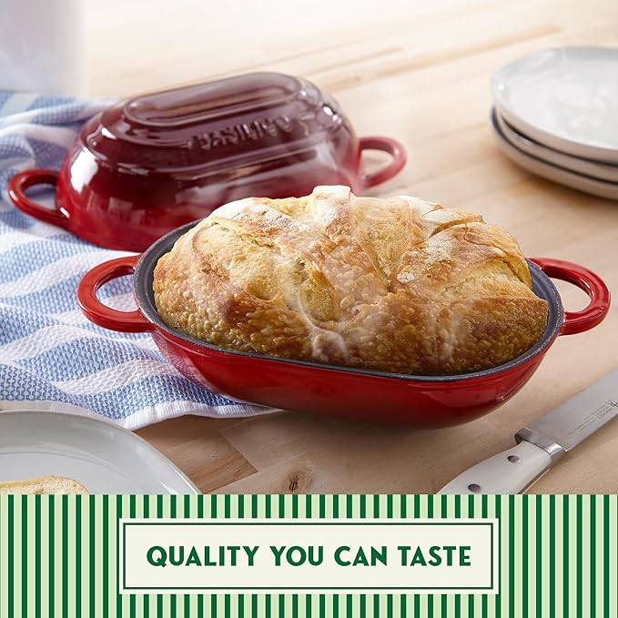 Enameled Cast Iron Bread Oven 2 Qt (Red), Non-Stick Single Loaf Cast Iron Bread Pan with Lid, Easy Homemade Sourdough Dutch Oven, Oven-Safe Artisan Bread Baking Pan