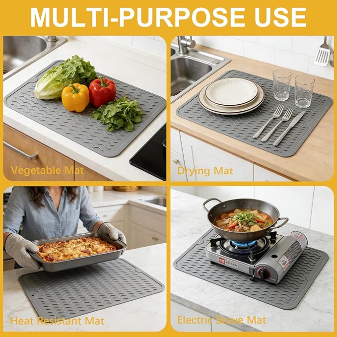 Silicone Dish Drying Mat for Kitchen Counter Eco-Friendly Fast Dry Dish Mat Easy Clean Multi Usage Drying Matt Heat Resistant Trivet Fits Under Rack, Gray 12" x 16"