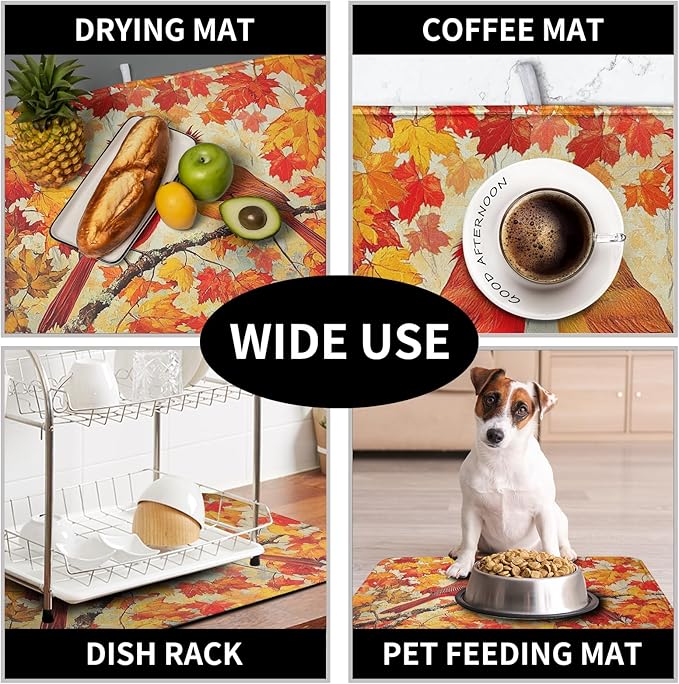 Fall Dish Drying Mats for Kitchen Counter Maple Leaf Cardinal Birds Dish Draining Mat 18x24 Inch Autumn Thanksgiving Dish Rack Mat Microfiber Absorbent Dish Drainer Pad - Image 7