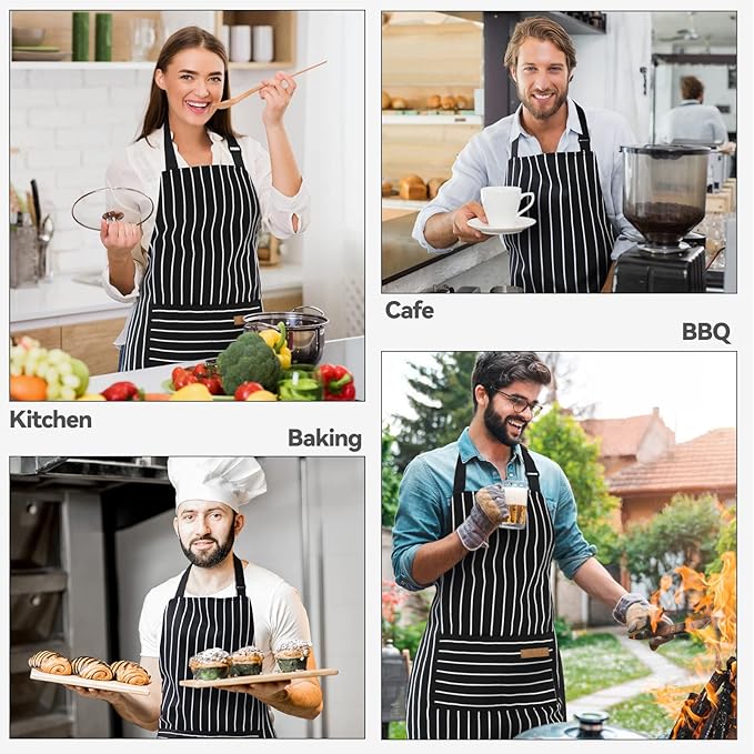 NLUS 2 Pack Cooking Aprons for Women with Pockets Adjustable Kitchen Bib Aprons for Women Men Chef, Black/White Stripe (Classic Black/White Stripes) - Image 7