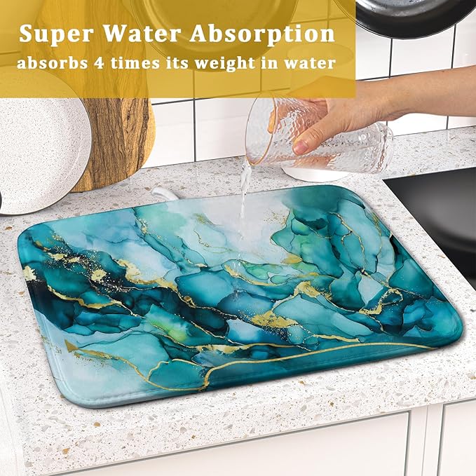 Giwawa Teal Marble Dish Drying Mat Turquoise Blue Marbling Print Dish Drainer Mats 16"x18" Modern Granite Microfiber Reversible Dish Drying Rack Pad Protector for Kitchen Countertop Decor