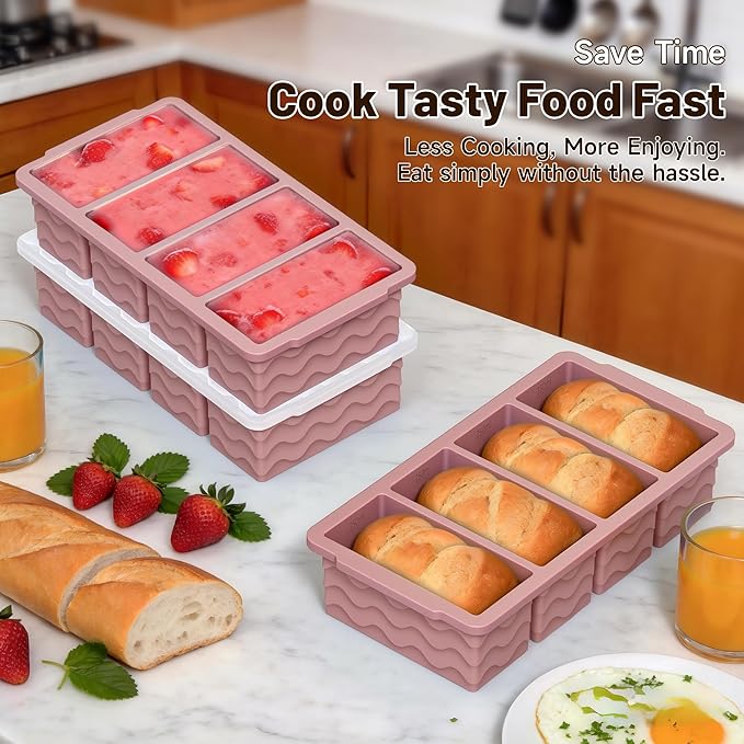 3-Pack Silicone Freezer Trays with Lid, Soup Freezer Container Molds, Silicone Freezer Molds, Ice Cube Tray for freezing Soup Sauce Broth Leftovers, Dishwasher & Oven Safe, BPA Free (1-cup,purple)