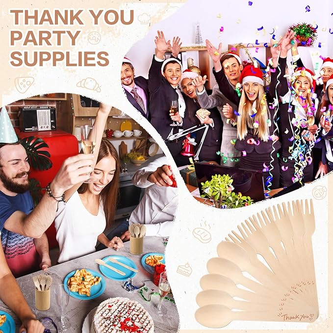 LemonRoad 200 Pcs Thank You Disposable Wooden Cutlery Set Bamboo Utensils 100 Forks, 100 Spoons Employee Appreciation Party Favors for Administrative Professionals Volunteer Party Supplies