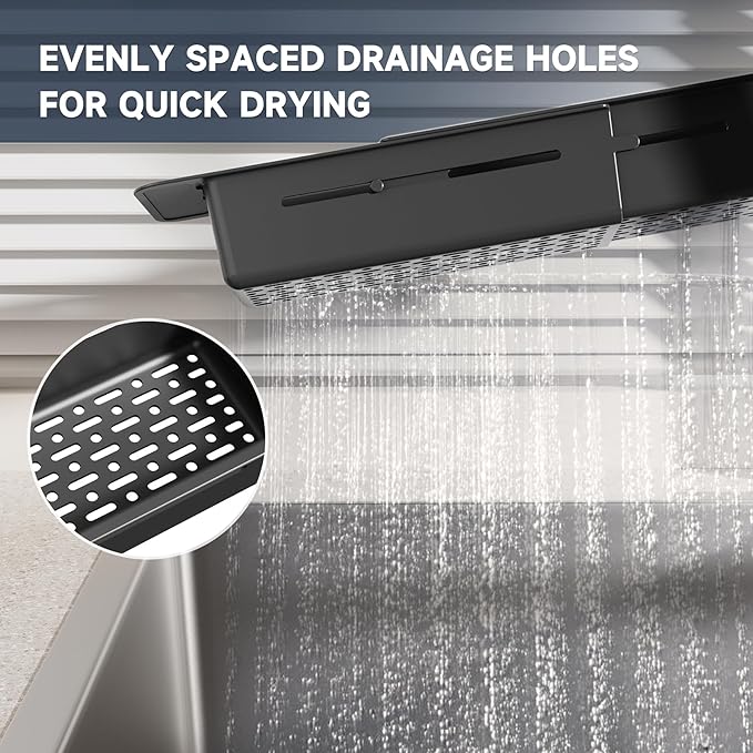 NiHome Extendable Sink Kitchen Organizer, Extra Long Telescopic Brush Storage Rack for Sponge, Non-Slip Pads Expandable Sink Caddy, Adjustable Sponge/Brush Rack with Drainage Durable ABS (Black) - Image 8