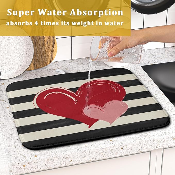 Valentines Day Dish Drying Mat for Kitchen Counter 16x18 Inch Red Pink Love Heart Black Striped Print Absorbent Reversible Microfiber Drying Mats Kitchen Countertop Protector Dishes Drainer Rack Pad - Image 7