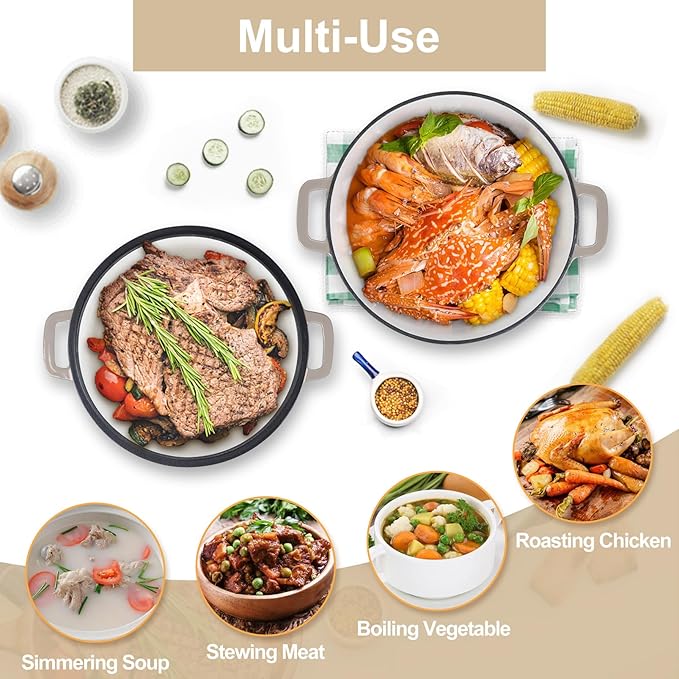 TeamFar 5 Quart Dutch Oven, 2 In 1 Enameled Cast Iron Dutch Oven Pot Cookware with Skillet Lid, for Bread Baking Braising Stewing Roasting, Sturdy & Nonstick, Oven Safe & Fit for Induction (Khaki) - Image 7