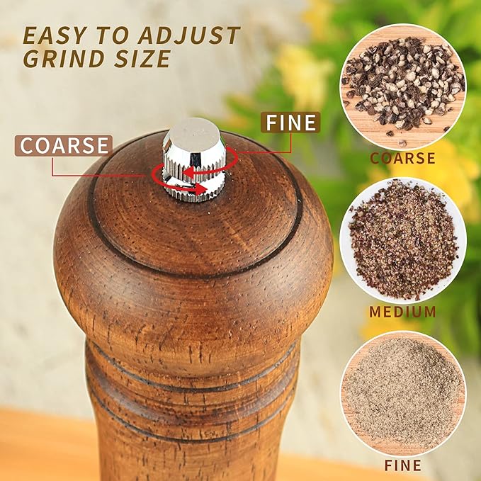 Haomacro Pepper Grinder, Wood Salt and Pepper Mills Set, Classic Manual Spice Grinder Refillable Salt Mill Sets with Acrylic Visible Window Adjustable Ceramic Grinding Rotor 8 inch 2 Pack - Image 6