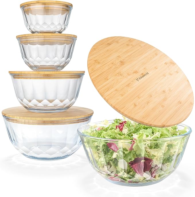 Large Stackable Set of 5 Nesting Glass Bowls with Bamboo Lids for Foodprep, Storage, Baking, Sourdough Mixing & Cooking. Microwave & Oven Safe Heat Resistant Inert Borosilicate Glass - Image 9