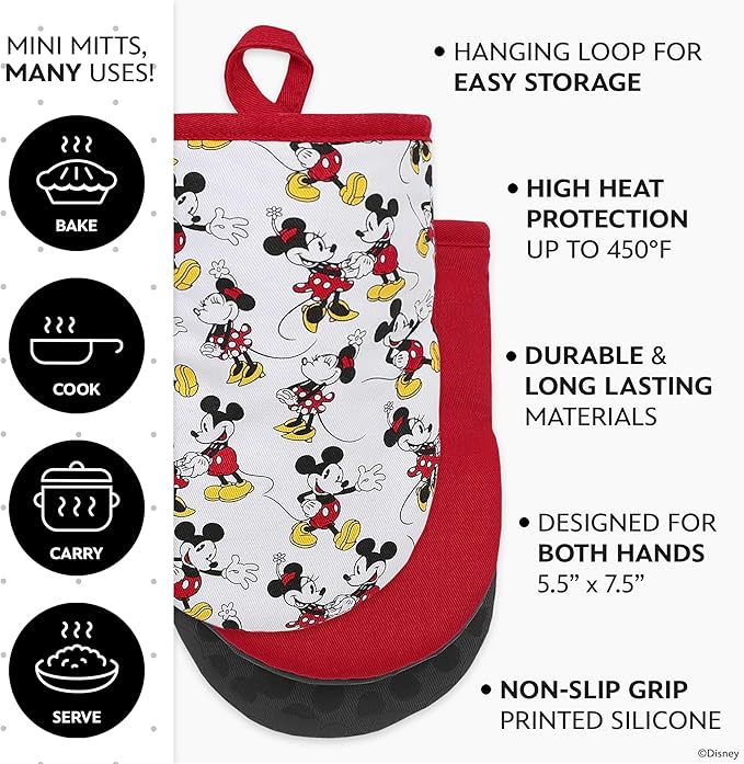 Disney Oven Mitts 2-Pack - 5.5” x 7.5” Heat-Resistant Mini Oven Mitts with Non-Slip Printed Silicone Disney Silhouettes - Pot Holders for Kitchen - Mickey & Minnie, Stitch, Winnie the Pooh