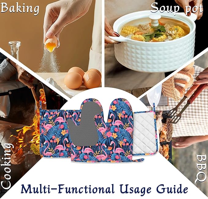 Oven Mitts and Pot Holders Sets Flamingo Tropical Flower Silicone Kitchen Mits Potholders Summer Palm Leaf Heat Resistant 4Pcs Oven Gloves Hot Pads for Baking Cooking BBQ Grilling Home Decor