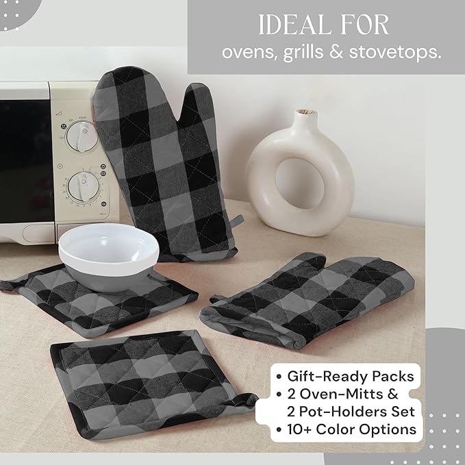 Buffalo Plaid Check Oven Mitts and Pot Holders Set, 100% Cotton, Heat Resistant, 2 Oven Gloves (7x13 Inches) & 2 Hot Pads (8x8 Inches) for Cooking and Baking, Light Grey & Black White