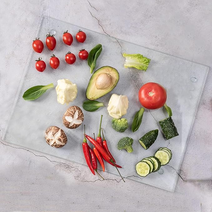VASUHOME Tempered Glass Cutting Board for Kitchen (8x12"), Long Lasting Clear Glass Cutting Board for Countertop - Scratch, Heat, and Shatter Resistant - Easy to Clean