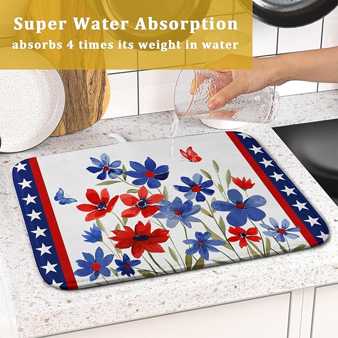 Giwawa 4th of July Flower Dish Drying Mat 16"x18" Independence Day Stars Dish Drainer Mats Watercolor Patriotic Floral Microfiber Dish Drying Rack Pad for Kitchen Countertop Decor