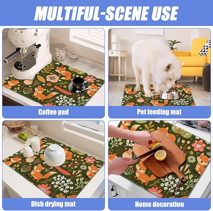 Cute Fox Dish Drying Mat for Kitchen Counter Animals Drying Pad Absorbent Reversible Dish Drainer Rack Mats Draining Pad 18"x24"Inch
