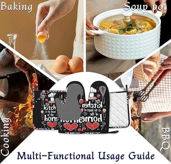 Funny Oven Mitts and Pot Holders Sets of 4 The Kitchen is The Heart of The Home Heat Resistant Silicone Oven Mits Gloves Non-Slip Kitchen Mittens Potholders for Cooking Baking Grilling BBQ