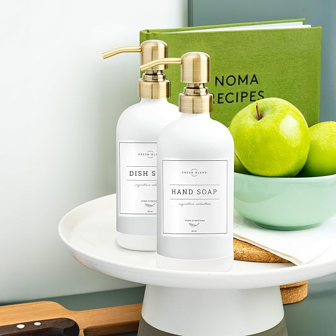 Vine Creations White Glass Soap Dispenser, 2 Pack Kitchen Soap Dispenser Set with Stainless Steel Pump, 16 oz Dish Soap and Hand Soap Dispensers for Bathroom with Waterproof Labels - Image 8