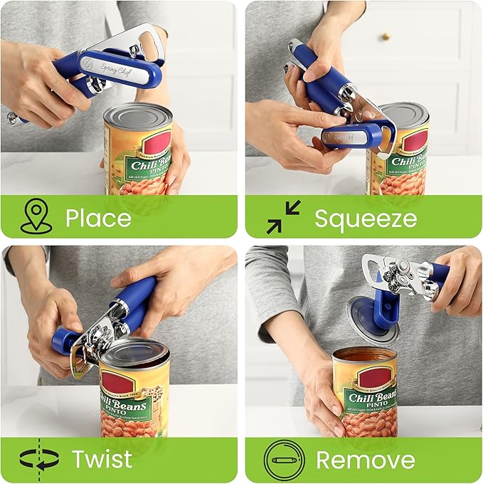 Spring Chef Stainless Steel Can Opener - Manual with Soft Grip Handles, Easy Turn, Heavy Duty Hand Can Openers for Seniors with Smooth Edge - Magnetic Lid Remover - Sapphire - Image 8