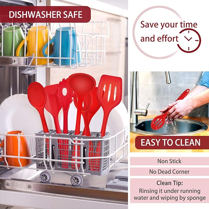 P&P CHEF Silicone Cooking Utensils Set of 7, Heat-proof Kitchen Utensils Set for Nonstick Cookware, Non-stick Spatula, Slotted Turner, Soup Ladle, Pasta Server, Spoon for Cooking Serving - Red - Image 7