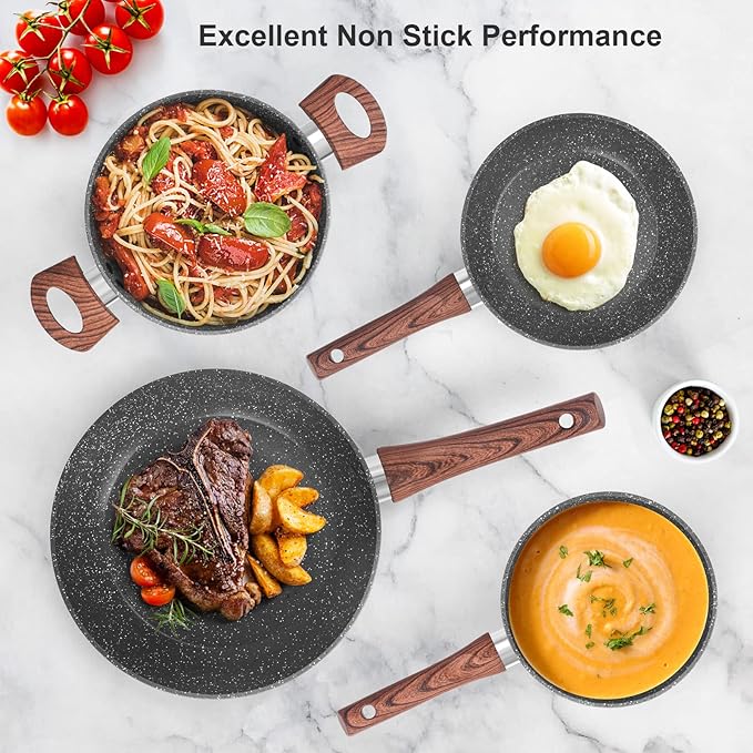 M MELENTA Granite Pots and Pans Set Non Stick, 11 Piece Die-Cast Induction Cookware Set, Nonstick Kitchen Cooking Set w/Frying Pans & Saucepans, PFOA Free - Image 7