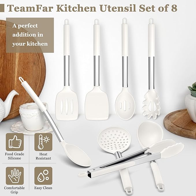 TeamFar Kitchen Utensils, 8PCS Cooking Silicone Utensils Kitchen Tool Kit with Stainless Steel Handle, for Nonstick Cookware Cooking Stirring Turning, Food Grade & Heat Resistant, Dishwasher Safe - Image 7