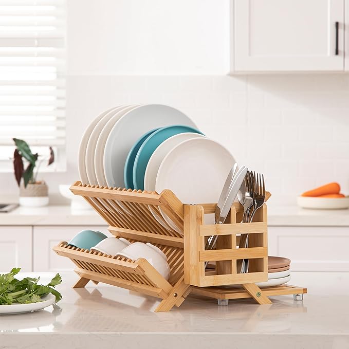 HBlife Bamboo Dish Drying Rack with Utensil Holder, 3-Tier Large Collapsible Wooden Dish Drainer Rack, Folding Drying Holder Dish Drainer for Kitchen Counter - Image 7