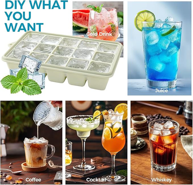 Silicone Ice Cube Trays with Lids 3-Pack, 15-Cavity Ice Tray Set for Freezer, Easy-Release BPA-free Ice Cube Mold for Whiskey, Coffee, Cocktails and More (3, Green+Blue+Pink) - Image 7