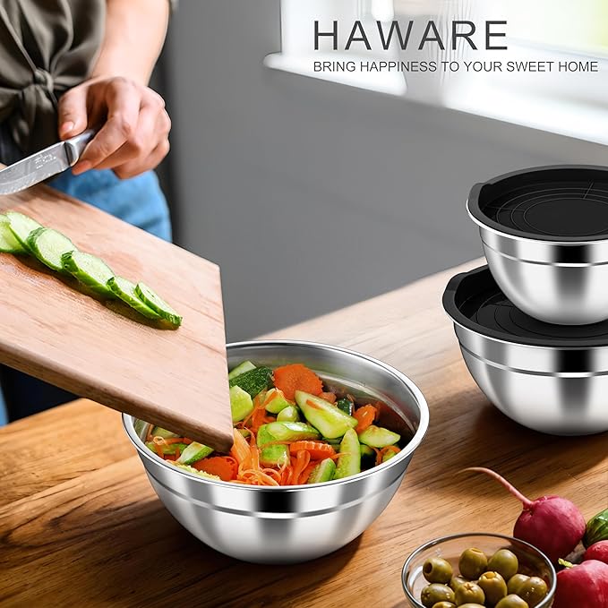 HaWare Mixing Bowls with Airtight Lids, 6-Piece Stainless Steel Salad Bowls, Strong Nesting Bowls for Cooking, Prepping, Baking, Serving & Food Storage, Stackable Design, Size 4.6, 3, 1.5QT, Black - Image 7