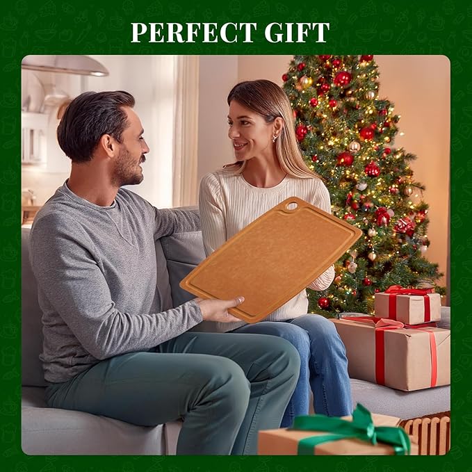 Kikcoin Wood Cutting Board, Cutting Boards for Kitchen Dishwasher Safe Non-slip Chopping Board with Juice Groove, Wood Fiber Composite Cutting Board with Hanging Hole, 17.3"*12.8" - Image 7
